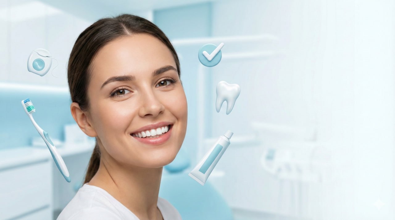 Mulher sorrindo com dentes brancos e saudáveis, representando cuidados com os dentes e hábitos diários de higiene bucal para manter um sorriso bonito e saudável.