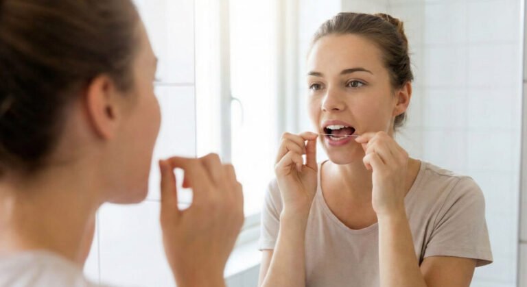 Mulher jovem em frente ao espelho do banheiro passando fio dental branco entre os dentes superiores durante sua rotina de higiene bucal diária.