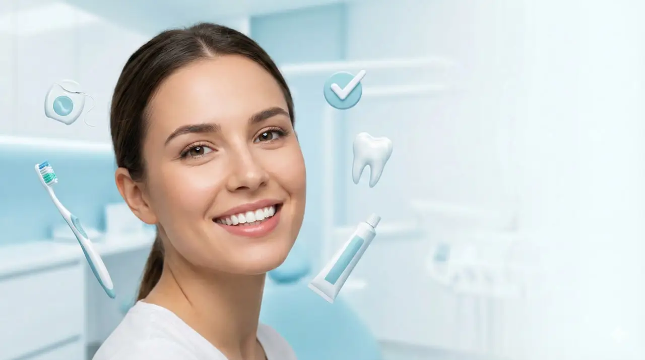 Mulher sorrindo com dentes brancos e saudáveis, representando cuidados com os dentes e hábitos diários de higiene bucal para manter um sorriso bonito e saudável.