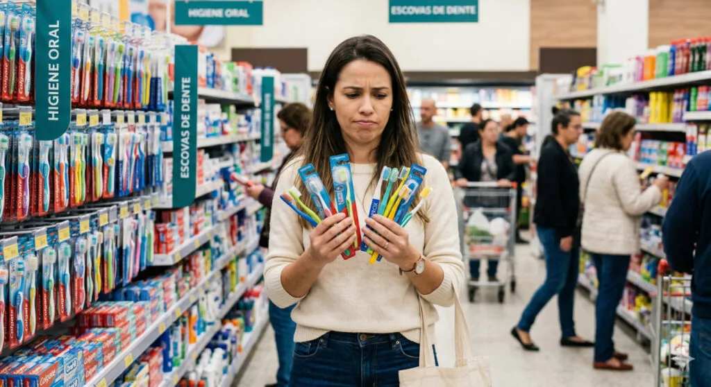 Mulher com expressão de dúvida no corredor de higiene bucal de um supermercado, segurando várias escovas de dentes diferentes nas mãos. Ao fundo, gôndolas cheias e outros clientes. A imagem ilustra a dificuldade de escolher a escova certa.